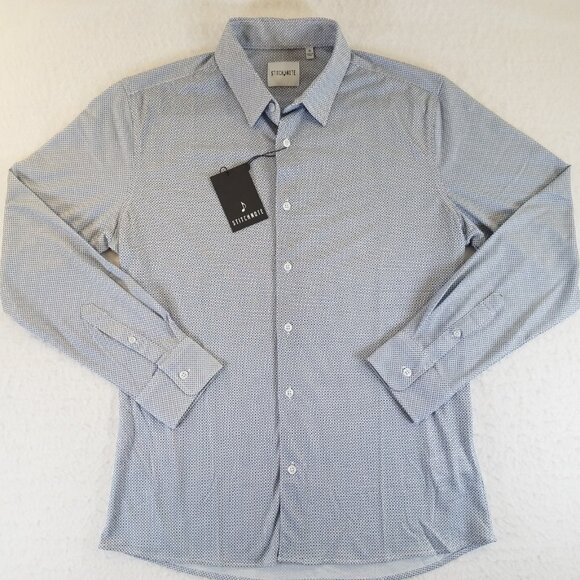 Stitch Note Mens Button Up Dress Shirt Stretch SMALL Blue Geometric Mini Print - Picture 1 of 6
